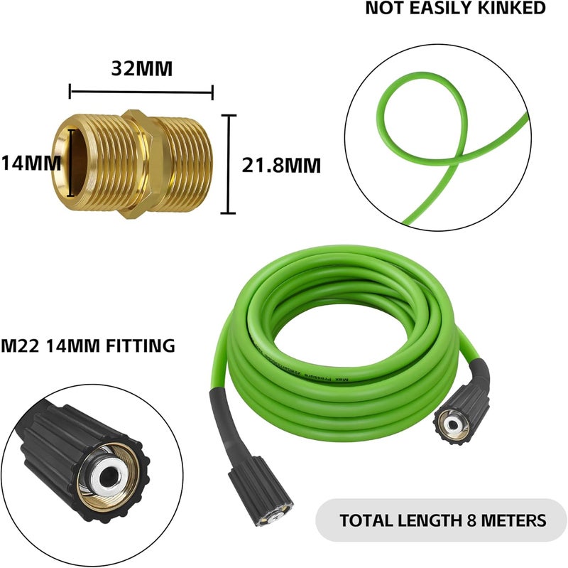FSQLB Universal Pressure Washer Hose for Greenworks Power Washer 3300 PSI ，Replacement 5200402 for Greenworks Ryobi Electric Power Wash Hose with M22/14 Fittings (25 FT Green) - Image 2